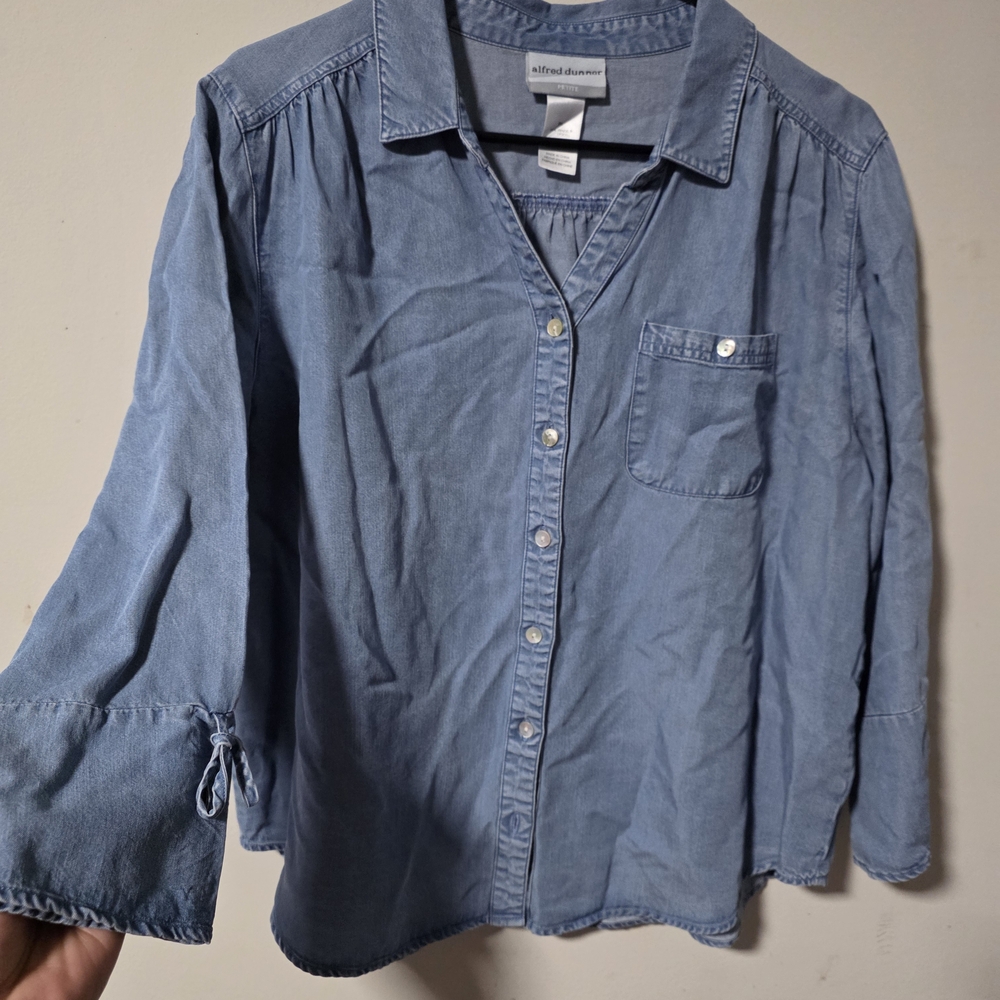 Alfred Dunner Light Blue Chambray Button-Down Shirt with Chest Pocket